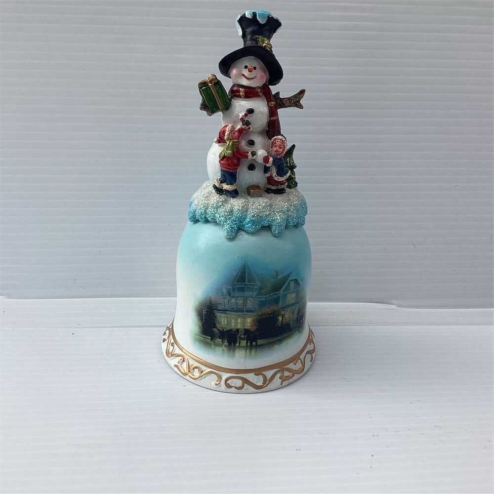 Vintage Snowman Christmas Bell Victorian Winter Scene Gold Accents